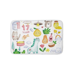 Kawaii watercolor doodles, sticker ready. bath mat