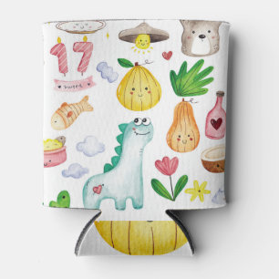 Kawaii watercolor doodles, sticker ready. can cooler