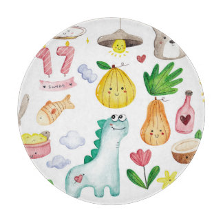 Kawaii watercolor doodles, sticker ready. cutting board