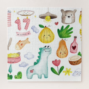 Kawaii watercolor doodles, sticker ready. jigsaw puzzle