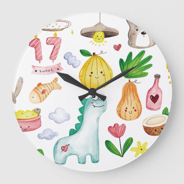 Kawaii watercolor doodles, sticker ready. large clock (Front)