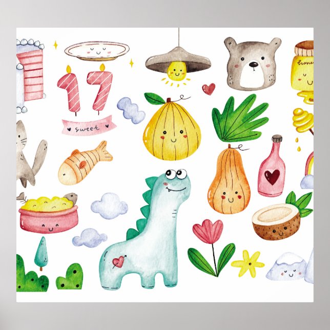 Kawaii watercolor doodles, sticker ready. poster (Front)