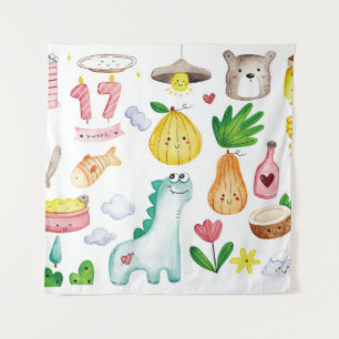 Kawaii watercolor doodles, sticker ready. tapestry