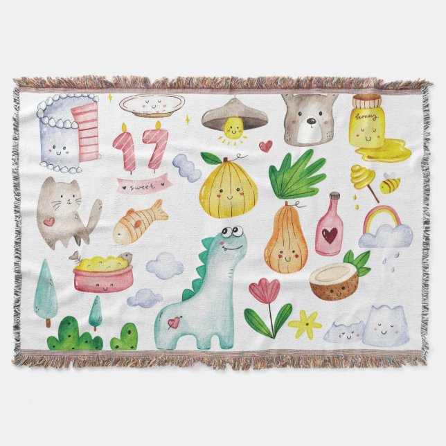 Kawaii watercolor doodles, sticker ready. throw blanket (Front)
