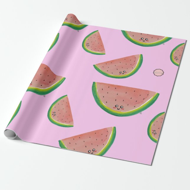 Kawaii Watercolor Watermelon Wrapping Paper (Unrolled)