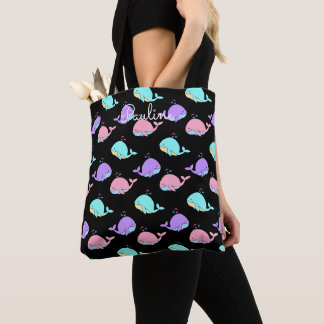 Kawaii Whale Pattern Customized Black Tote Bag