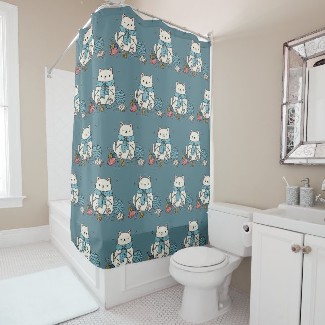Kawaii White Cat Knitting Blue Yarn Accent Pattern Shower Curtain (In Situ)