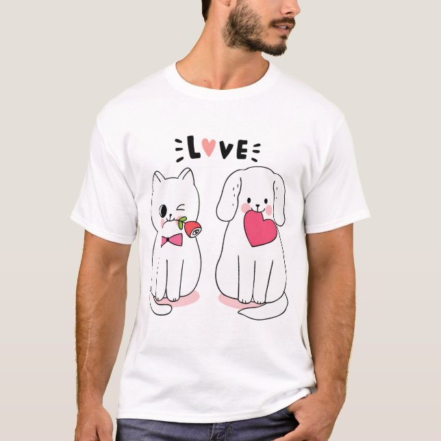 Kawaii White Cats Lover And Big Heart  T-Shirt (Front)