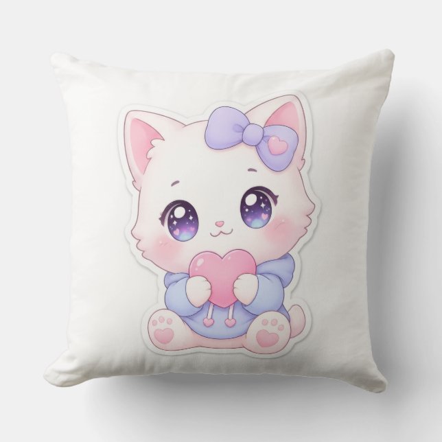Kawaii White Kitten Heart & Purple Bow Pillow (Front)