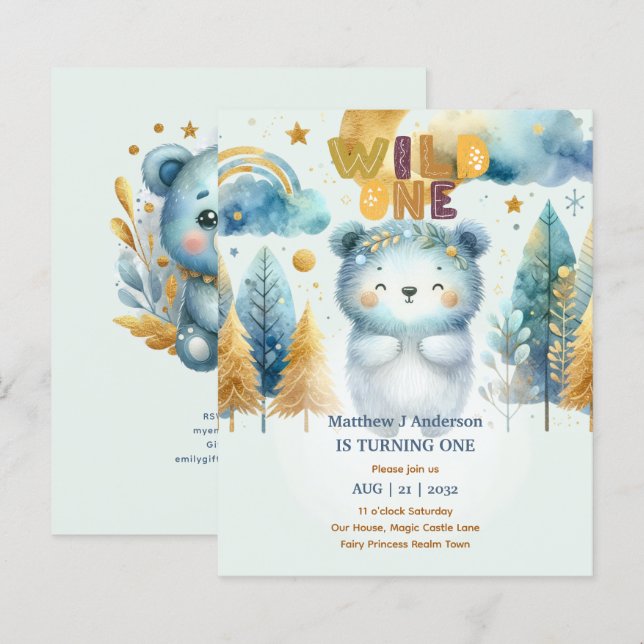 Kawaii WILD ONE 1st Birthday Boys BEAR Woodland (Front/Back)