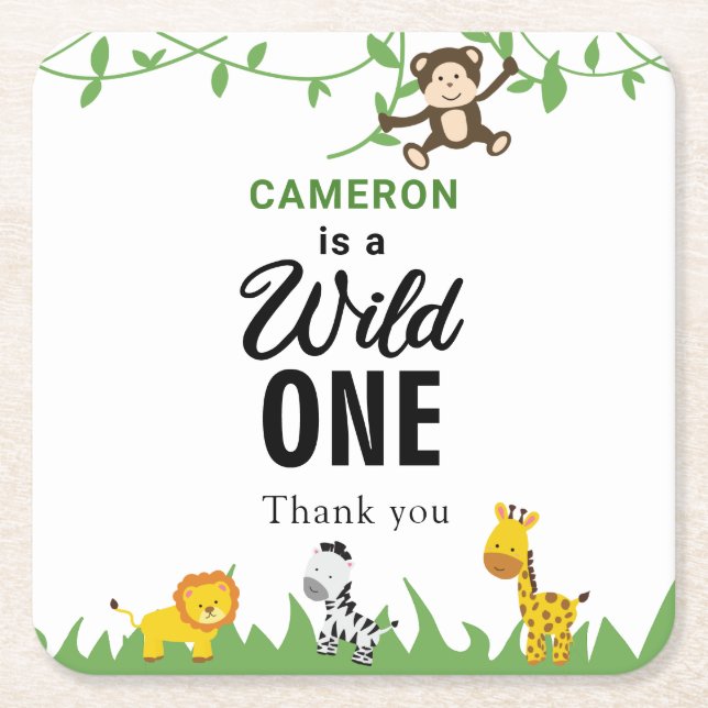 Kawaii Wild One Birthday Safari Jungle Animals Square Paper Coaster (Front)