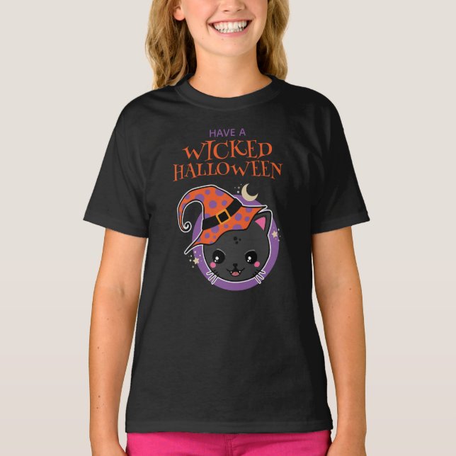 Kawaii Witch Cat Halloween T-Shirt (Front)