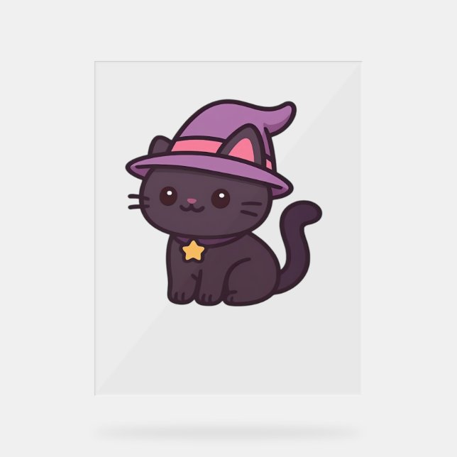 Kawaii Witch Cat in Purple Hat Classic T-Shirt Acrylic Sign (Front)