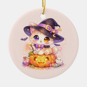 Kawaii Witch Cat & Pumpkin Pastel Halloween Ceramic Tree Decoration
