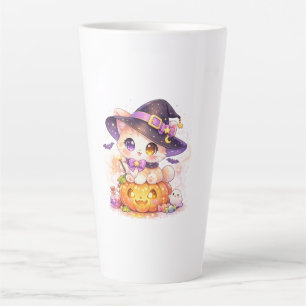 Kawaii Witch Cat & Pumpkin Pastel Halloween Latte Mug