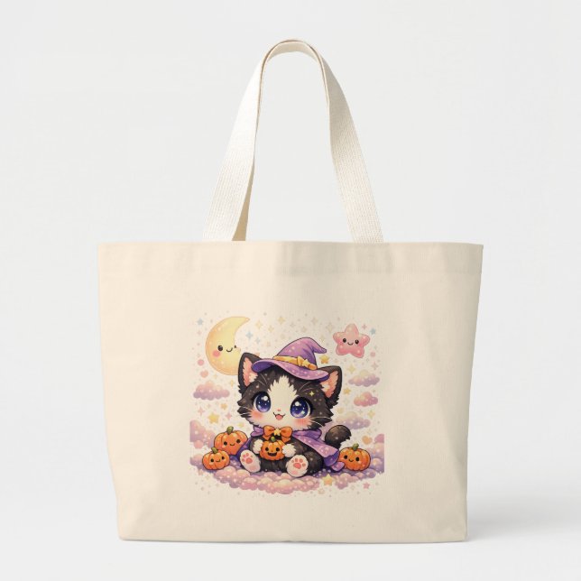 Kawaii Witch Cloud Kitty  Large Tote Bag (Front)