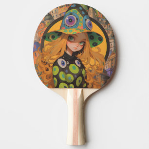 Kawaii Witch & Eyeball Hat in Fantasy City Ping Pong Paddle