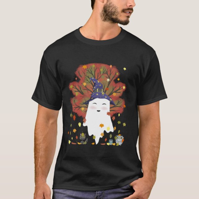 Kawaii Witch Ghost Cat Owls Halloween Tee Fall Tha (Front)