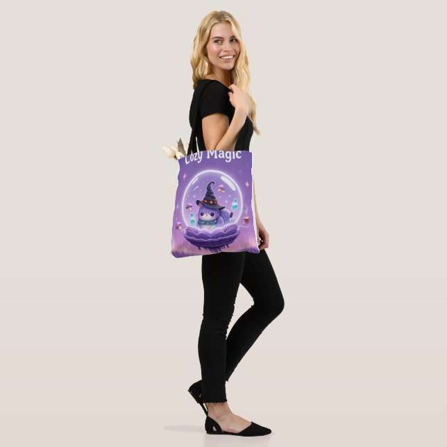 Kawaii Witch Snow Globe Tote Bag Purple (On Model)