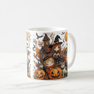 Kawaii Witches with Ghost Puppy and Pumpkins Coffee Mug