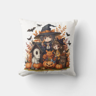 Kawaii Witches with Ghost Puppy and Pumpkins Cushion