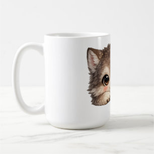 Kawaii Wolf Cub with Sparkling Eyes and Sweet Coffee Mug