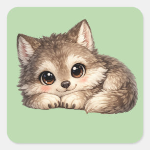 Kawaii Wolf Cub with Sparkling Eyes and Sweet Square Sticker