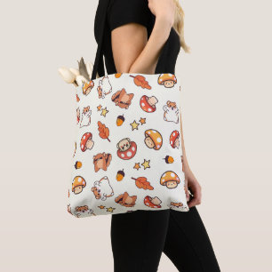 Kawaii Woodland Animals and Mushrooms Pattern Tote Bag