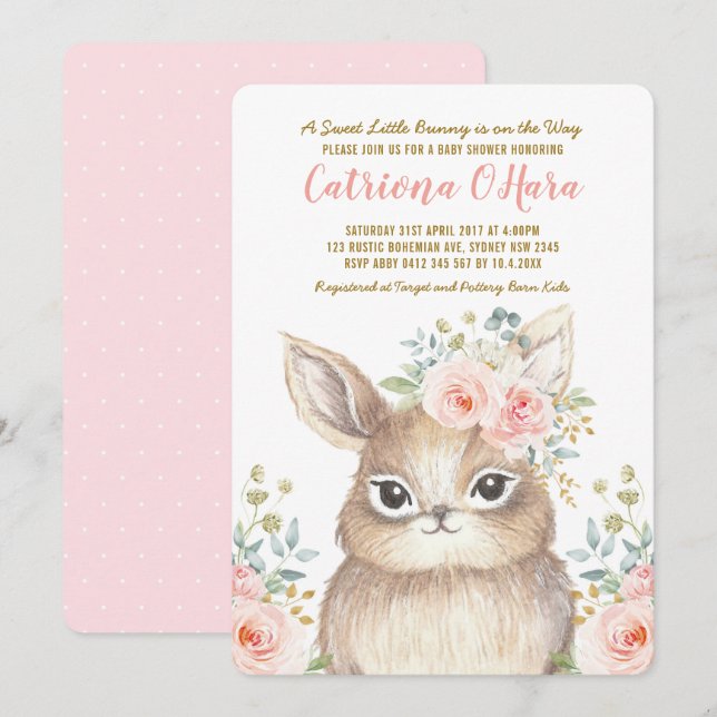 Kawaii Woodland Bunny Pink Floral Girl Baby Shower Invitation (Front/Back)