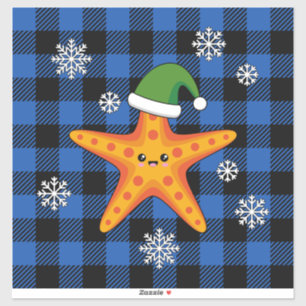 Kawaii Xmas Starfish on Blue Buffalo Pattern