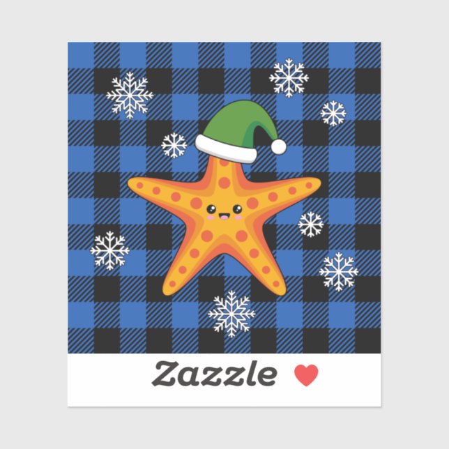 Kawaii Xmas Starfish on Blue Buffalo Pattern (Sheet)