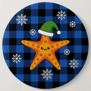 Kawaii Xmas Starfish on Blue Buffalo Pattern 6 Cm Round Badge