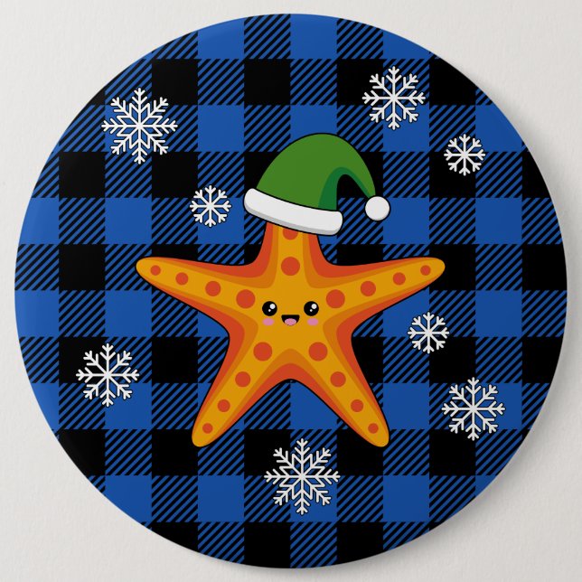 Kawaii Xmas Starfish on Blue Buffalo Pattern 6 Cm Round Badge (Front)