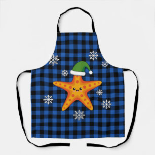 Kawaii Xmas Starfish on Blue Buffalo Pattern Apron