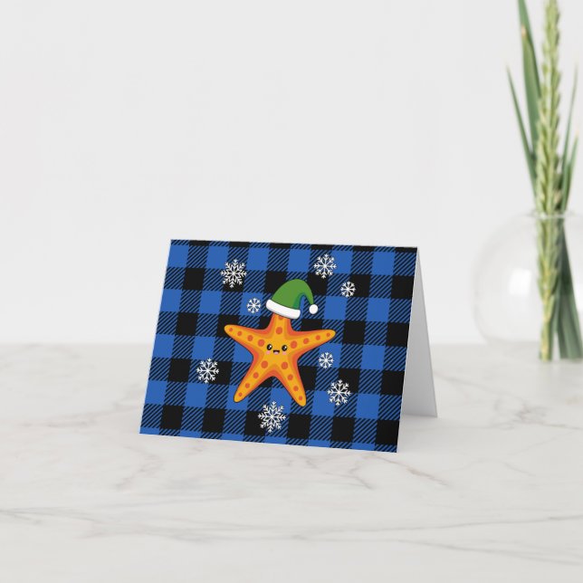 Kawaii Xmas Starfish on Blue Buffalo Pattern Card (Front)