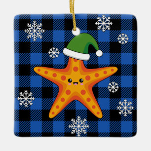 Kawaii Xmas Starfish on Blue Buffalo Pattern Ceramic Ornament