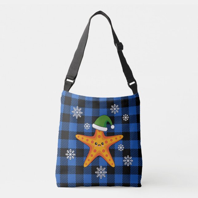 Kawaii Xmas Starfish on Blue Buffalo Pattern Crossbody Bag (Front)