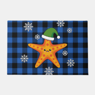 Kawaii Xmas Starfish on Blue Buffalo Pattern Doormat