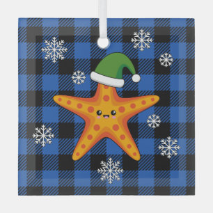 Kawaii Xmas Starfish on Blue Buffalo Pattern Glass Tree Decoration