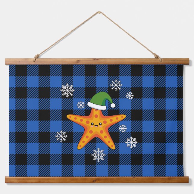 Kawaii Xmas Starfish on Blue Buffalo Pattern Hanging Tapestry (Front)