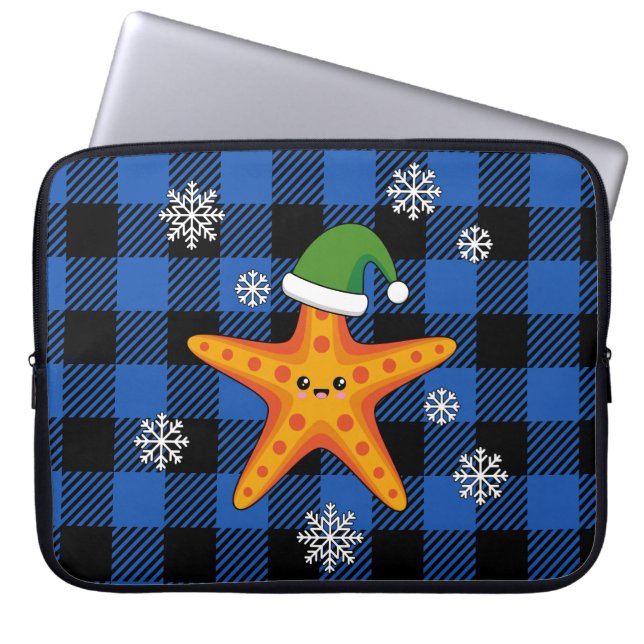Kawaii Xmas Starfish on Blue Buffalo Pattern Laptop Sleeve (Front)