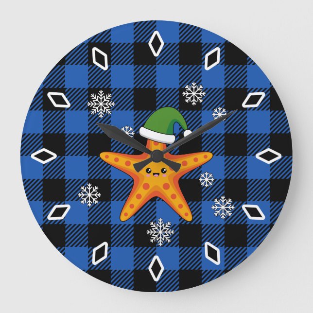 Kawaii Xmas Starfish on Blue Buffalo Pattern Large Clock (Front)