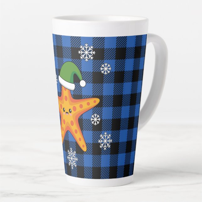 Kawaii Xmas Starfish on Blue Buffalo Pattern Latte Mug (Right Angle)