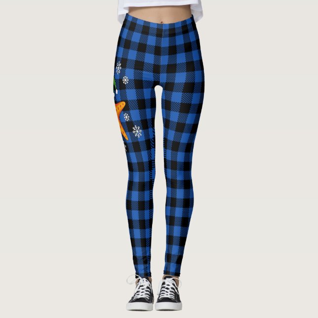 Kawaii Xmas Starfish on Blue Buffalo Pattern Leggings (Front)