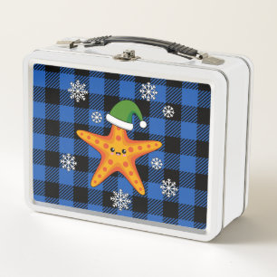 Kawaii Xmas Starfish on Blue Buffalo Pattern Metal Lunch Box