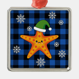 Kawaii Xmas Starfish on Blue Buffalo Pattern Metal Tree Decoration
