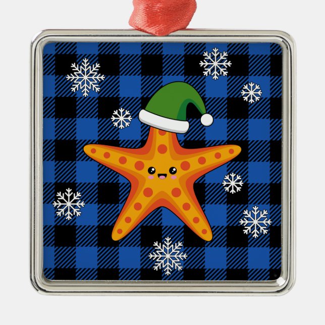 Kawaii Xmas Starfish on Blue Buffalo Pattern Metal Tree Decoration (Front)
