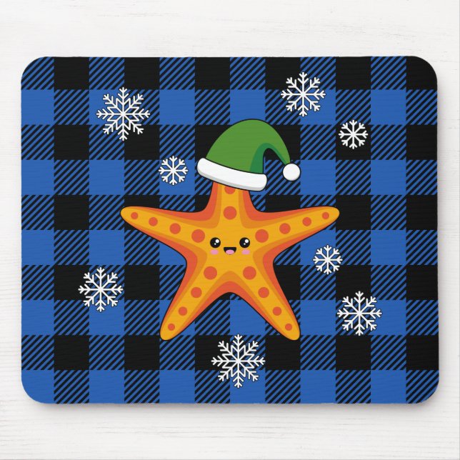 Kawaii Xmas Starfish on Blue Buffalo Pattern Mouse Pad (Front)