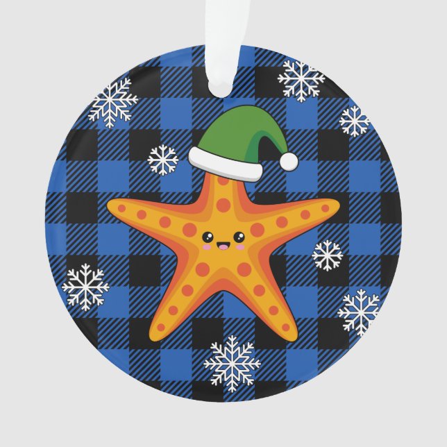 Kawaii Xmas Starfish on Blue Buffalo Pattern Ornament (Front)