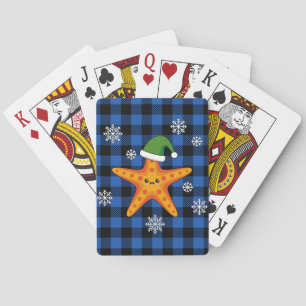 Kawaii Xmas Starfish on Blue Buffalo Pattern Playing Cards